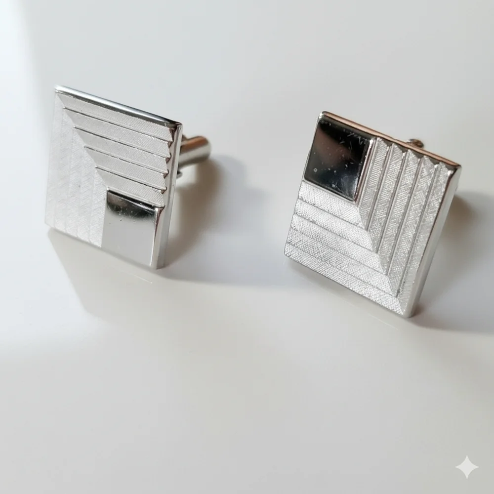 Swank Cufflinks Silver Tone Geometric Stepped Polished Brushed Textured Button